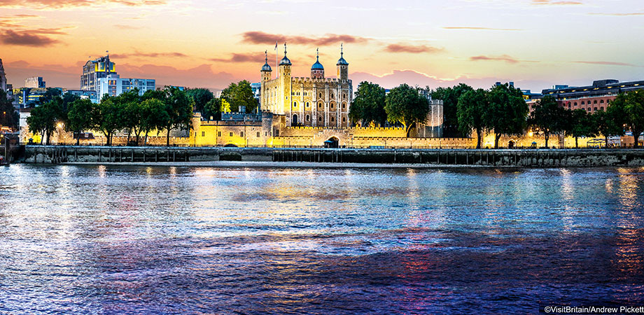 The Tower of London at twilight viewed from across the River Thames