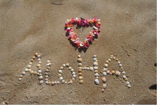 'Aloha' written in the sand
