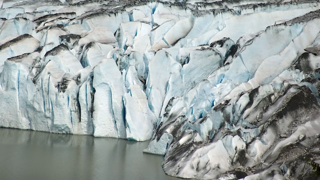 A close-up view of Mendenhall Glacier in Alaska.